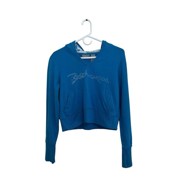 Busch Gardens | Blue Crop Raw Hem Y2K Spellout Hoodie Women’s Large - Picture 2 of 5